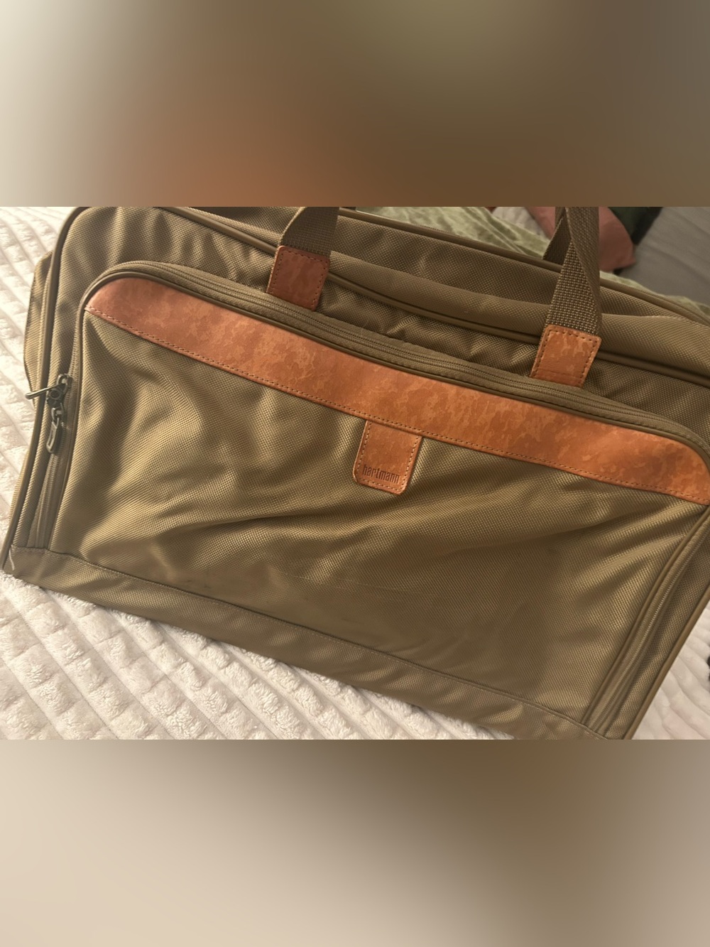 Hartmann Olive Canvas Travel Brief with Tan Leather Trim with lock.